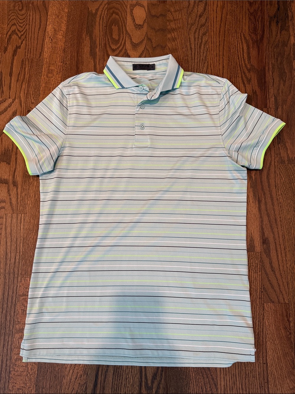 G/FORE Pale Blue Striped Polo with Neon Green Trim | Size M